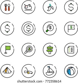 line vector icon set - spoon and fork vector, turkey, banana, dollar sign, coin, money search, flag, head hunter, signpost, list, tent, lawn mower, sailboat toy, basketball