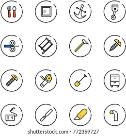 line vector icon set - spoon and fork vector, safe, anchor, piston, steel rolling, bucksaw, mason hammer, screw, Angular grinder, shovel, tool cabinet, welding, rasp, work knife, allen key