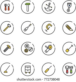 line vector icon set - spoon and fork vector, work, anchor, piston, sledgehammer, chisel, clamp, knife, screw, rivet, Angular grinder, shovel, hoe, tool cabinet, awl, toy