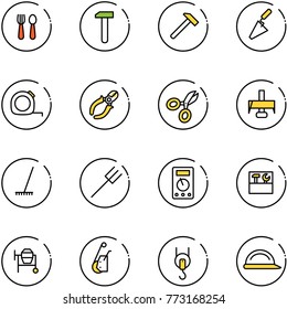 line vector icon set - spoon and fork vector, work, hammer, trowel, measuring tape, side cutters, scissors, milling cutter, rake, farm, multimeter, tool box, cocncrete mixer, winch