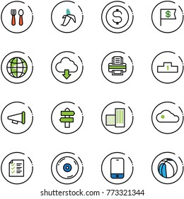 line vector icon set - spoon and fork vector, banana, dollar coin, flag, globe, download cloud, printer, pedestal, speaker horn, signpost, building, list, cd, mobile phone, basketball