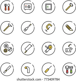 line vector icon set - spoon and fork vector, safe, sledgehammer, mason hammer, chisel, clamp, work knife, rivet, metal hacksaw, Angular grinder, welding, rasp, allen key, awl, shovel toy