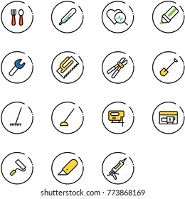 line vector icon set - spoon and fork vector, thermometer, heart diagnosis, highlight marker, wrench, trowel, bolt cutter, shovel, rake, hoe, jig saw, generator, paint roller, work knife