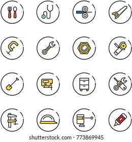 line vector icon set - spoon and fork vector, stethoscope, steel rolling, saw, clamp, wrench, nut, Angular grinder, shovel, jig, tool cabinet, screwdriver, construction helmet, laser lever, marker