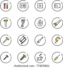line vector icon set - spoon and fork vector, safe, work, piston, casting of steel, saw, hammer, bucksaw, chisel, clamp, screw, welding, awl