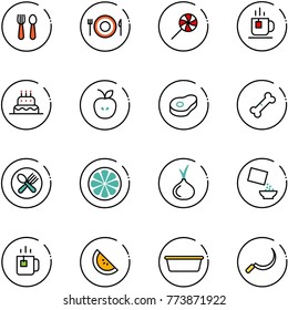 line vector icon set - spoon and fork vector, plate, lollipop, tea, cake, apple, meat, broken bone, lemon slice, onion, cereal, green, watermelone, basin, sickle