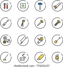 line vector icon set - spoon and fork vector, safe, hammer, saw, chisel, plumber, nail, screw, rivet, metal hacksaw, Angular grinder, shovel, hoe, welding, work knife, allen key set