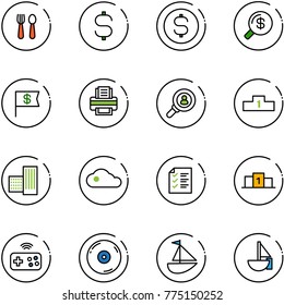 line vector icon set - spoon and fork vector, dollar sign, coin, money search, flag, printer, head hunter, pedestal, building, cloud, list, joystick wireless, cd, sailboat toy