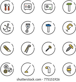 line vector icon set - spoon and fork vector, safe, work, anchor, piston, hammer, clamp, knife, plumber, screw, rivet, hoe, allen key, set