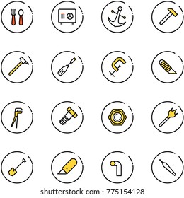 line vector icon set - spoon and fork vector, safe, anchor, hammer, mason, chisel, clamp, work knife, plumber, bolt, nut, wood drill, shovel, allen key, forceps