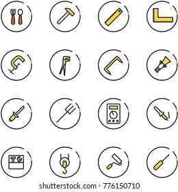 line vector icon set - spoon and fork vector, hammer, ruler, corner, clamp, plumber, staple, dowel, clinch, farm, multimeter, soldering iron, tool box, winch, paint roller, awl