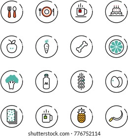 line vector icon set - spoon and fork vector, plate, tea, cake, apple, carrot, broken bone, lemon slice, broccoli, milk, spica, eggs, breads, green, pineapple, sickle