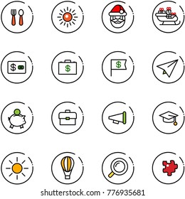 line vector icon set - spoon and fork vector, sun, santa claus, sleigh, credit card, money case, dollar flag, paper plane, piggy bank, portfolio, speaker horn, graduate hat, air balloon, magnifier