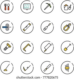 line vector icon set - spoon and fork vector, diagnostic monitor, job, bucket scoop, steel rolling, level, chisel, side cutters, bolt, staple, metal hacksaw, shovel, hoe, scythe, rasp, allen key set