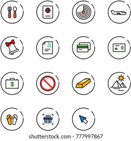line vector icon set - spoon and fork vector, passport, radar, small plane, bell, patient card, credit, tap pay, money case, prohibition road sign, gold, pyramid, flip flops, fingerprint scanner