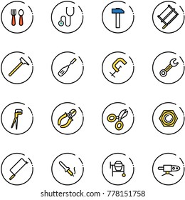line vector icon set - spoon and fork vector, stethoscope, hammer, bucksaw, mason, chisel, clamp, wrench, plumber, side cutters, scissors, nut, metal hacksaw, soldering iron, cocncrete mixer