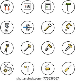 line vector icon set - spoon and fork vector, safe, work, piston, steel rolling, sledgehammer, clamp, plumber, nail, bolt, screw, rivet, allen key, set, awl