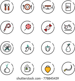 line vector icon set - spoon and fork vector, plate, cafe, coffee machine, lollipop, candy, turkey, banana, sweet pepper, pear, onion, green tea, strawberry, sickle