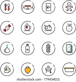 line vector icon set - spoon and fork vector, cafe, coffee machine, cake man, candy, tea, turkey, apple, onion, milk, spica, breads, green, strawberry, grill, basin