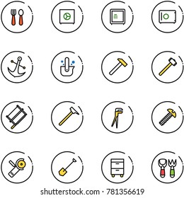 line vector icon set - spoon and fork vector, safe, anchor, casting of steel, hammer, sledgehammer, bucksaw, mason, plumber, screw, Angular grinder, shovel, tool cabinet, toy