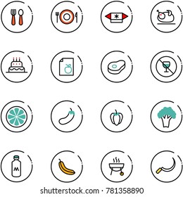 line vector icon set - spoon and fork vector, plate, candy, turkey, cake, diet list, meat, no alcohol sign, lemon slice, eggplant, sweet pepper, broccoli, milk, banana, grill, sickle