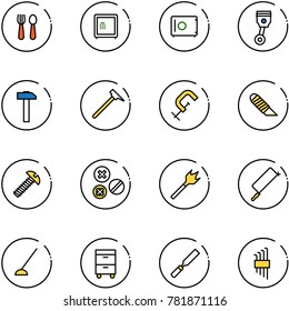 line vector icon set - spoon and fork vector, safe, piston, hammer, mason, clamp, work knife, screw, rivet, wood drill, metal hacksaw, hoe, tool cabinet, rasp, allen key set