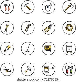 line vector icon set - spoon and fork vector, rock axe, mouse wireless, plumber, pliers, nut, dowel, rake, jig saw, tool cabinet, lawn mower, paint roller, laser lever, shovel toy