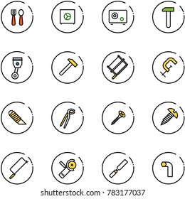 line vector icon set - spoon and fork vector, safe, work, piston, hammer, bucksaw, clamp, knife, plumber, screw, metal hacksaw, Angular grinder, rasp, allen key