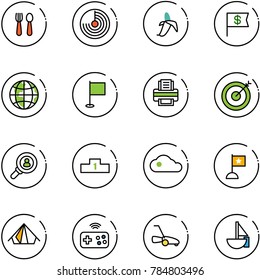 line vector icon set - spoon and fork vector, radar, banana, dollar flag, globe, printer, target, head hunter, pedestal, cloud, tent, joystick wireless, lawn mower, sailboat toy