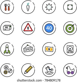 line vector icon set - spoon and fork vector, carrot, virus, currency, credit card, intersection road sign, minimal speed limit, target, rocket, open, money, hdd, rivet, pencil, rocking horse