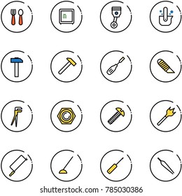 line vector icon set - spoon and fork vector, safe, piston, casting of steel, hammer, chisel, work knife, plumber, nut, screw, wood drill, metal hacksaw, hoe, awl, forceps