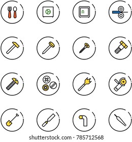 line vector icon set - spoon and fork vector, safe, steel rolling, hammer, nail, screw, bolt, rivet, wood drill, Angular grinder, shovel, rasp, allen key, forceps