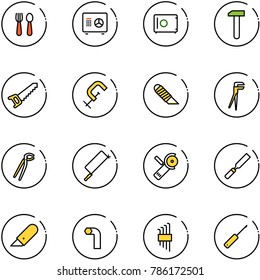 line vector icon set - spoon and fork vector, safe, work, saw, clamp, knife, plumber, metal hacksaw, Angular grinder, rasp, allen key, set, awl