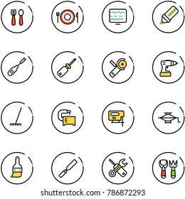 line vector icon set - spoon and fork vector, plate, diagnostic monitor, highlight marker, chisel, screwdriver, Angular grinder, drill, rake, machine tool, jig saw, jack, brush, rasp, wrench