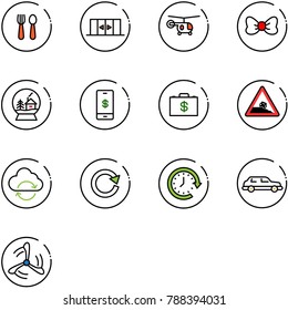 line vector icon set - spoon and fork vector, automatic doors, helicopter, bow, snowball house, mobile payment, money case, steep roadside road sign, refresh cloud, reload, clock around, limousine