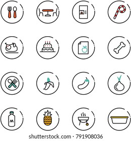 line vector icon set - spoon and fork vector, cafe, coffee machine, lollipop, turkey, cake, diet list, broken bone, plate, banana, eggplant, onion, milk, pineapple, grill, basin
