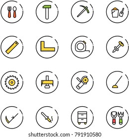 line vector icon set - spoon and fork vector, work, job, bucket scoop, ruler, corner, measuring tape, nail dowel, saw disk, milling cutter, Angular grinder, hoe, scythe, soldering iron, tool cabinet