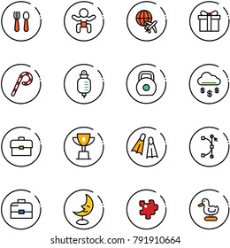 line vector icon set - spoon and fork vector, baby, plane globe, gift, lollipop, drop counter, weight, money rain, portfolio, win cup, flippers, bezier, case, moon lamp, puzzle, toy duck