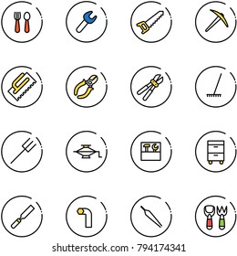 line vector icon set - spoon and fork vector, wrench, saw, axe, trowel, side cutters, bolt cutter, rake, farm, jack, tool box, cabinet, rasp, allen key, forceps, shovel toy