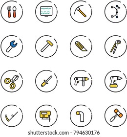 line vector icon set - spoon and fork vector, diagnostic monitor, rock axe, bezier, wrench, hammer, work knife, plumber, scissors, clinch, drill machine, scythe, jig saw, allen key, toy