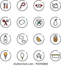 line vector icon set - spoon and fork vector, lollipop, candy, turkey, santa stick, lemon, plate, pear, milk, cereal, watermelone, pineapple, ice cream, grill, basin