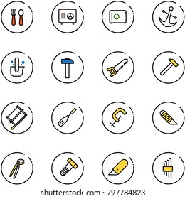 line vector icon set - spoon and fork vector, safe, anchor, casting of steel, hammer, saw, bucksaw, chisel, clamp, work knife, plumber, bolt, allen key set