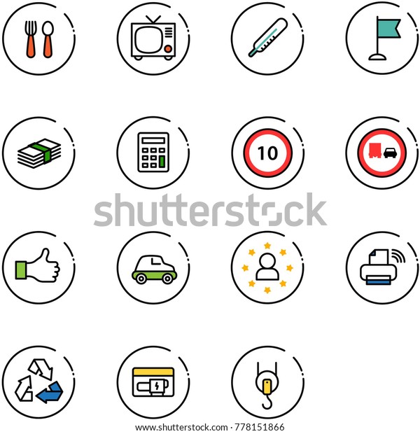 line vector icon set - spoon and fork vector,\
tv, thermometer, flag, dollar, calculator, speed limit 10 road\
sign, no truck overtake, like, car, star man, printer wireless,\
recycling, generator