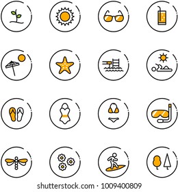 line vector icon set - sproute vector, sun, sunglasses, drink, beach, starfish, pool, reading, flip flops, swimsuit, diving, dragonfly, flower, surfing, forest