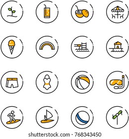line vector icon set - sproute vector, drink, coconut cocktail, outdoor cafe, ice cream, rainbow, pool, bungalow, swimsuit, ball, diving, surfing, windsurfing, toy windmill