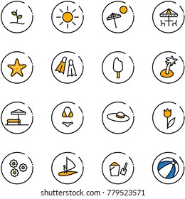 line vector icon set - sproute vector, sun, beach, outdoor cafe, starfish, flippers, ice cream, palm, inflatable pool, swimsuit, woman hat, tulip, flower, windsurfing, bucket scoop, ball