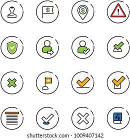 line vector icon set - stamp vector, dollar flag, pin, attention road sign, shield check, user login, delete cross, jalousie, abc book