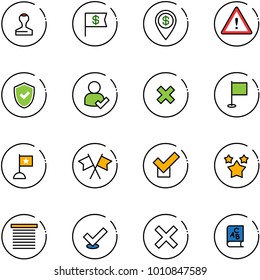 line vector icon set - stamp vector, dollar flag, pin, attention road sign, shield check, user, delete cross, flags, stars, jalousie, abc book