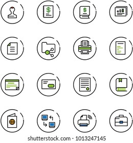 line vector icon set - stamp vector, annual report, statistics, document, shared folder, printer, schedule, envelope, agreement, book, passport, data exchange, wireless, case