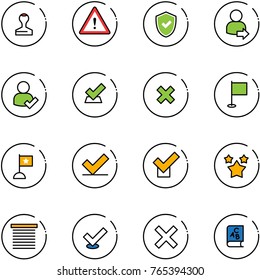 line vector icon set - stamp vector, attention road sign, shield check, user login, delete cross, flag, stars, jalousie, abc book